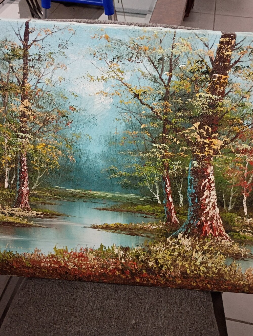 J. Medina 🎨 Original Hand-Painted Forest River Landscape Wall Art Teal&Green
